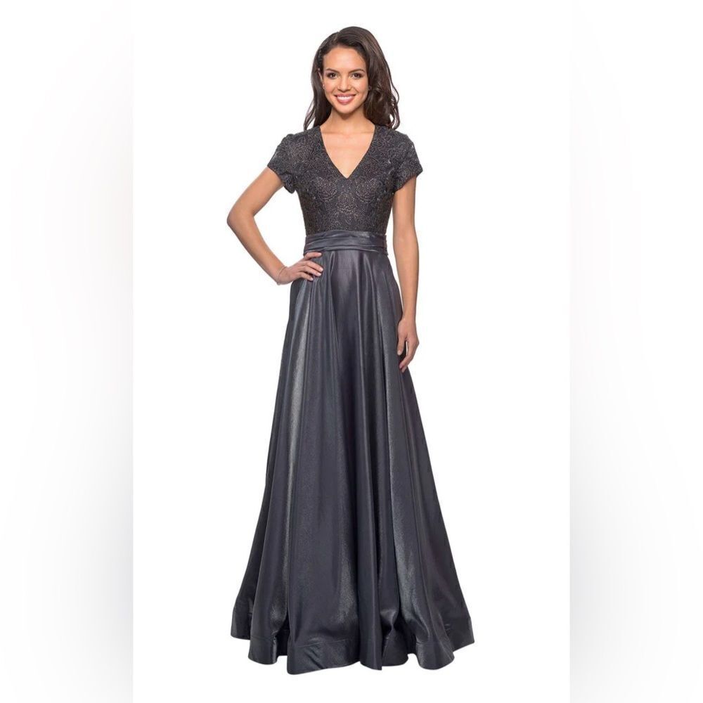 La Femme 26447 Two Tone Satin A-Line V-Neck Gown Platinum Silver Gray